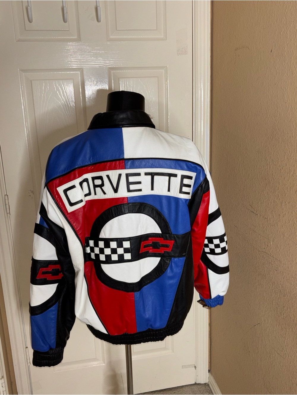 Corvette Men’s Leather Racing Jacket Colorblock Full Zip Lined Size L